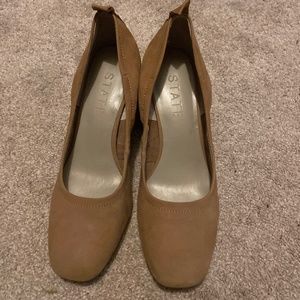 Nude suede block heels